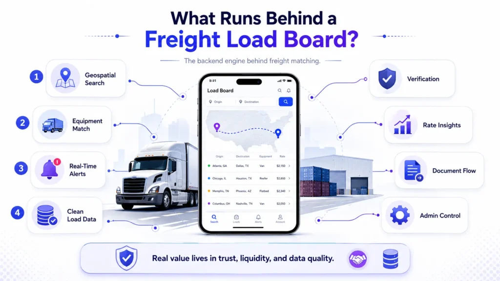 What Is a Freight Load Board? How They Work, What They Cost, and How Carriers Get Paid 1 Freight load board backend features including geospatial search, equipment matching, real-time alerts, verification, rate insights, document flow, and admin control