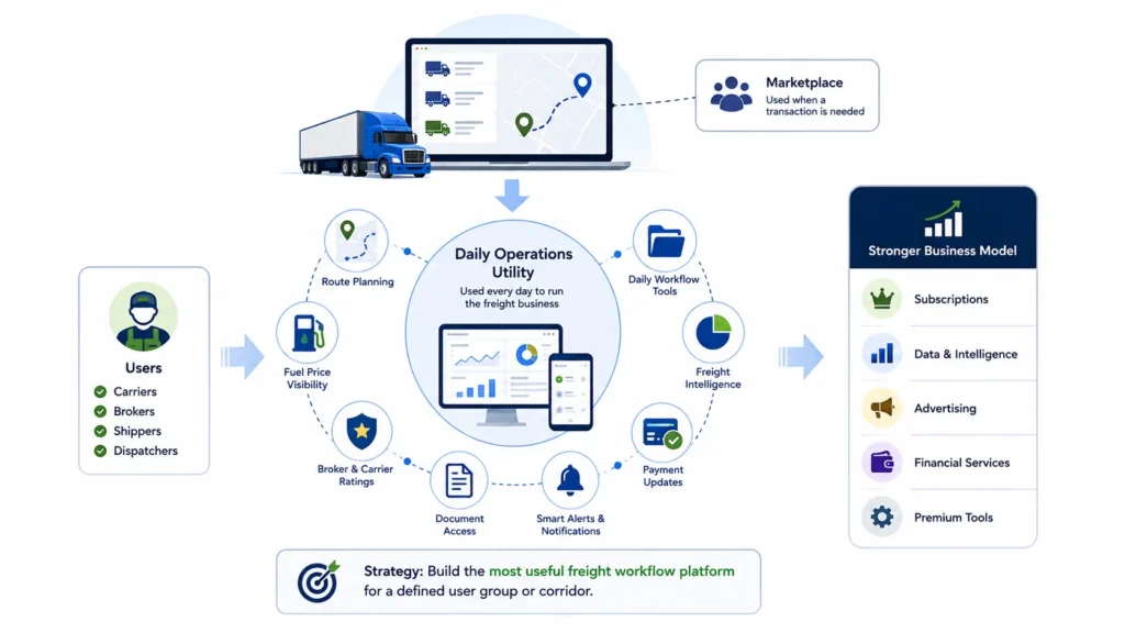 How Load Board & Freight Marketplace Apps Make Money: The Business Model Explained 1 Freight marketplace business model with daily operations, route planning, pricing visibility, payments, ratings, and subscriptions