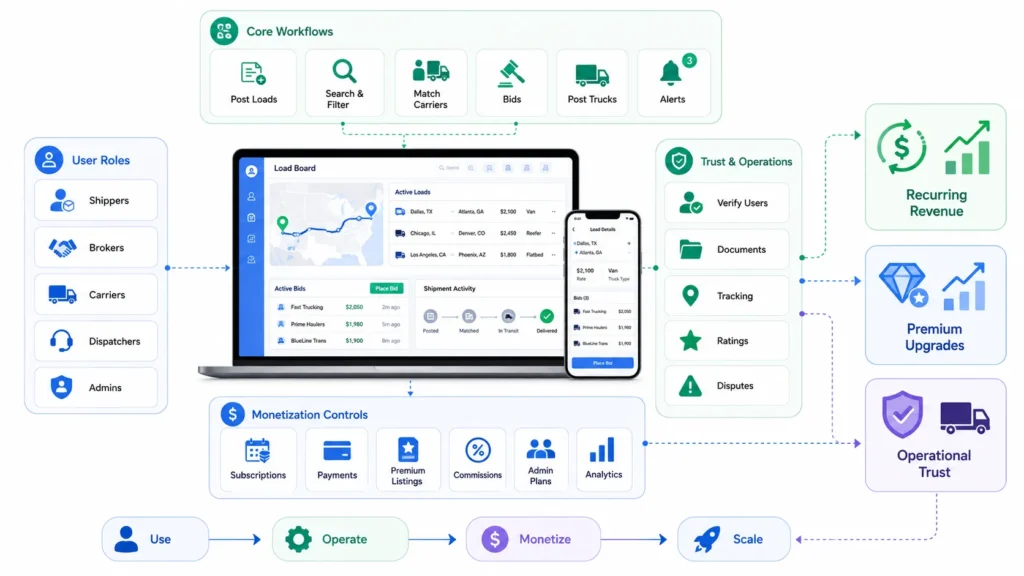How Load Board & Freight Marketplace Apps Make Money: The Business Model Explained 2 Freight marketplace monetization model with subscriptions, payments, premium listings, commissions, and analytics