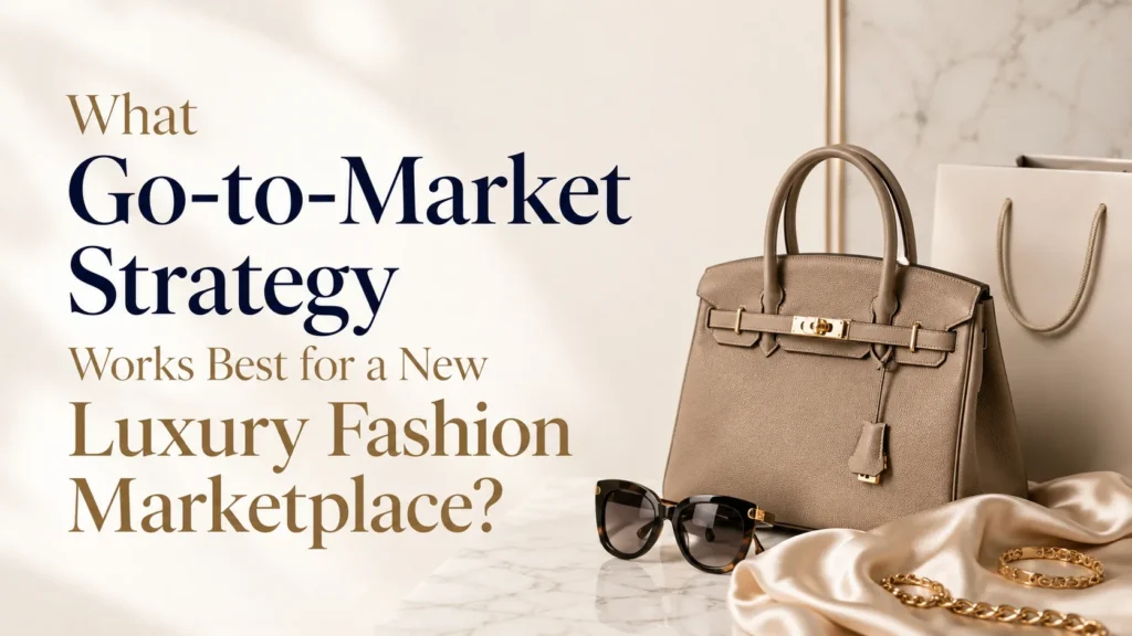 Go-to-market strategy for a luxury fashion marketplace showing premium handbags, accessories, positioning, and market launch planning