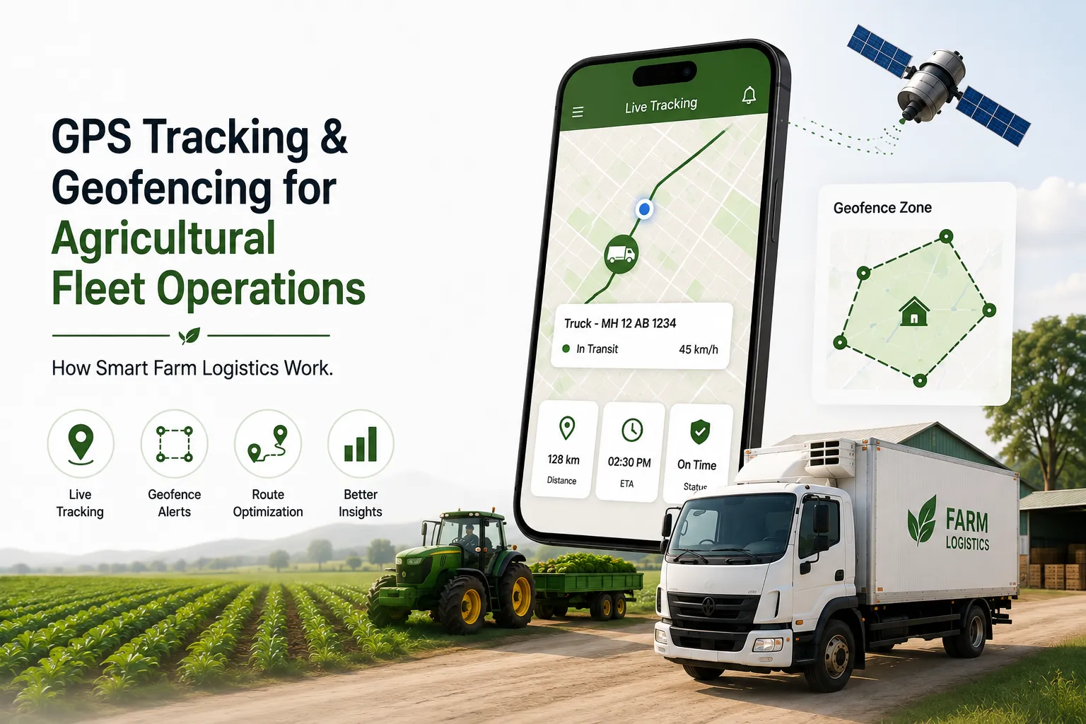 agricultural fleet GPS tracking for agricultural fleet operations showing live vehicle tracking, geofence zones, route monitoring, and farm logistics.
