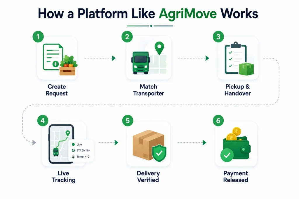 How an AgriMove-like platform works from shipment request and transporter matching to tracking, delivery verification, and payment