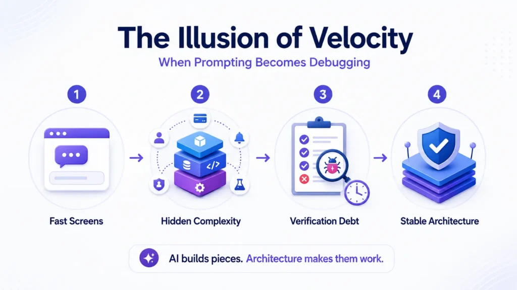 The illusion of velocity in AI development, showing how fast prompting can lead to hidden complexity, verification debt, and the need for stable architecture