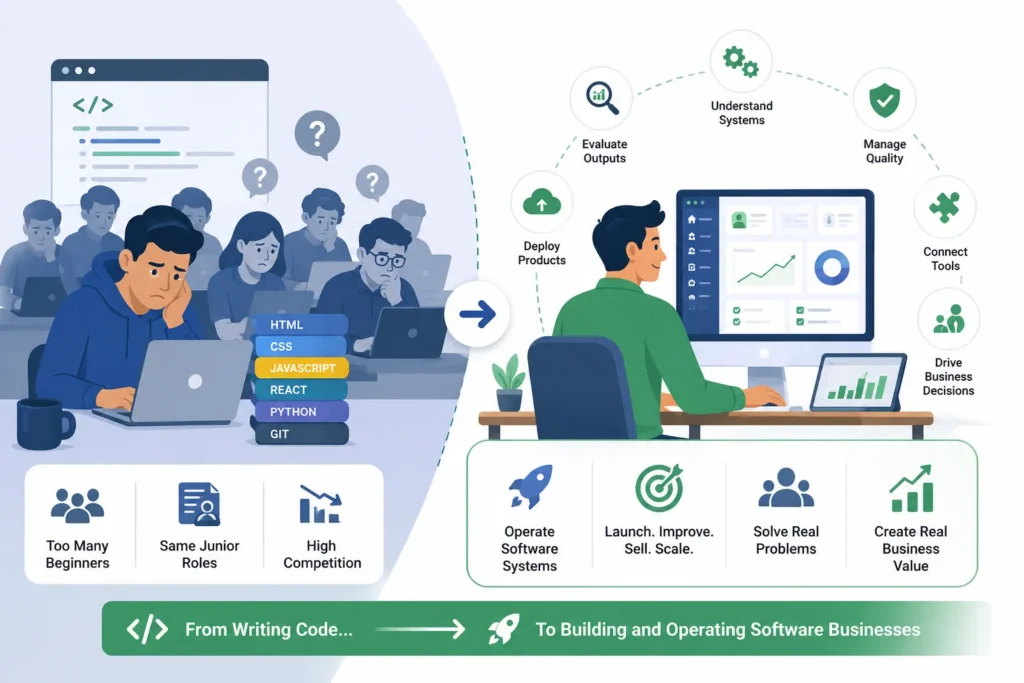 Non-technical founder app development infographic showing crowded junior developer learning path with HTML, CSS, JavaScript, React, Python and Git moving toward system operator skills such as deploying products, evaluating outputs, understanding systems, managing quality, connecting tools and driving business decisions.