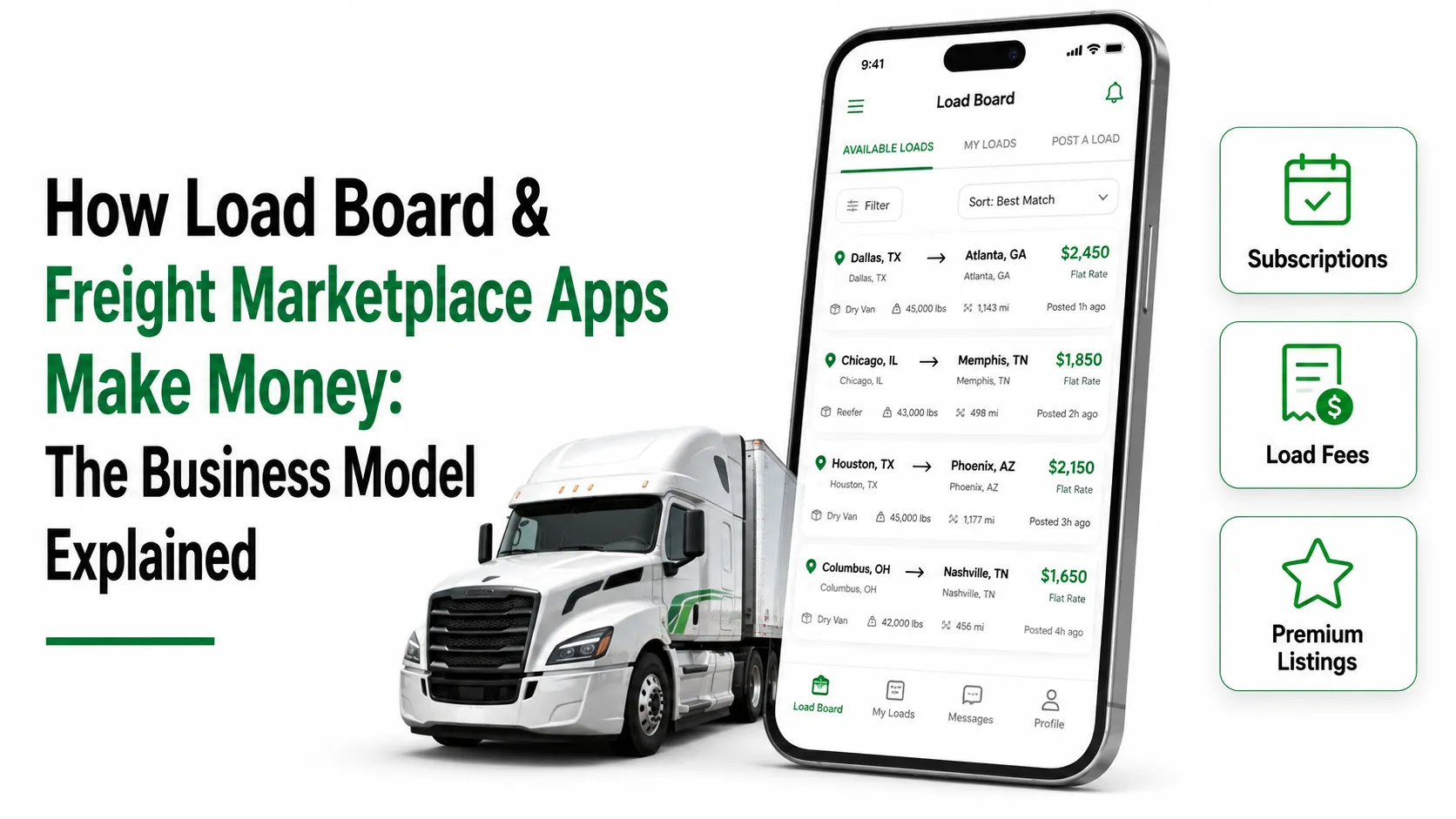 How load board and freight marketplace apps make money through subscriptions, load fees, and premium listings