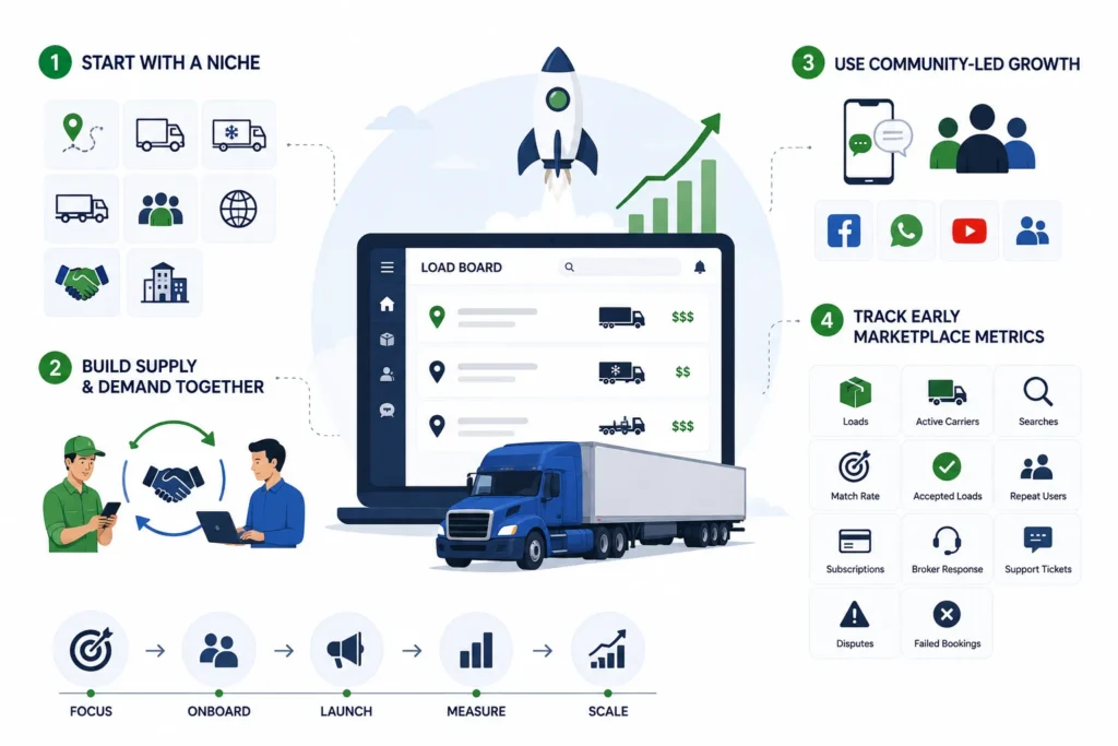 Best Load Board Software 2026: Launch a Scalable Freight & Trucking Platform 2 Load board marketplace growth strategy showing niche selection, supply and demand onboarding, community-led growth, and early marketplace metrics