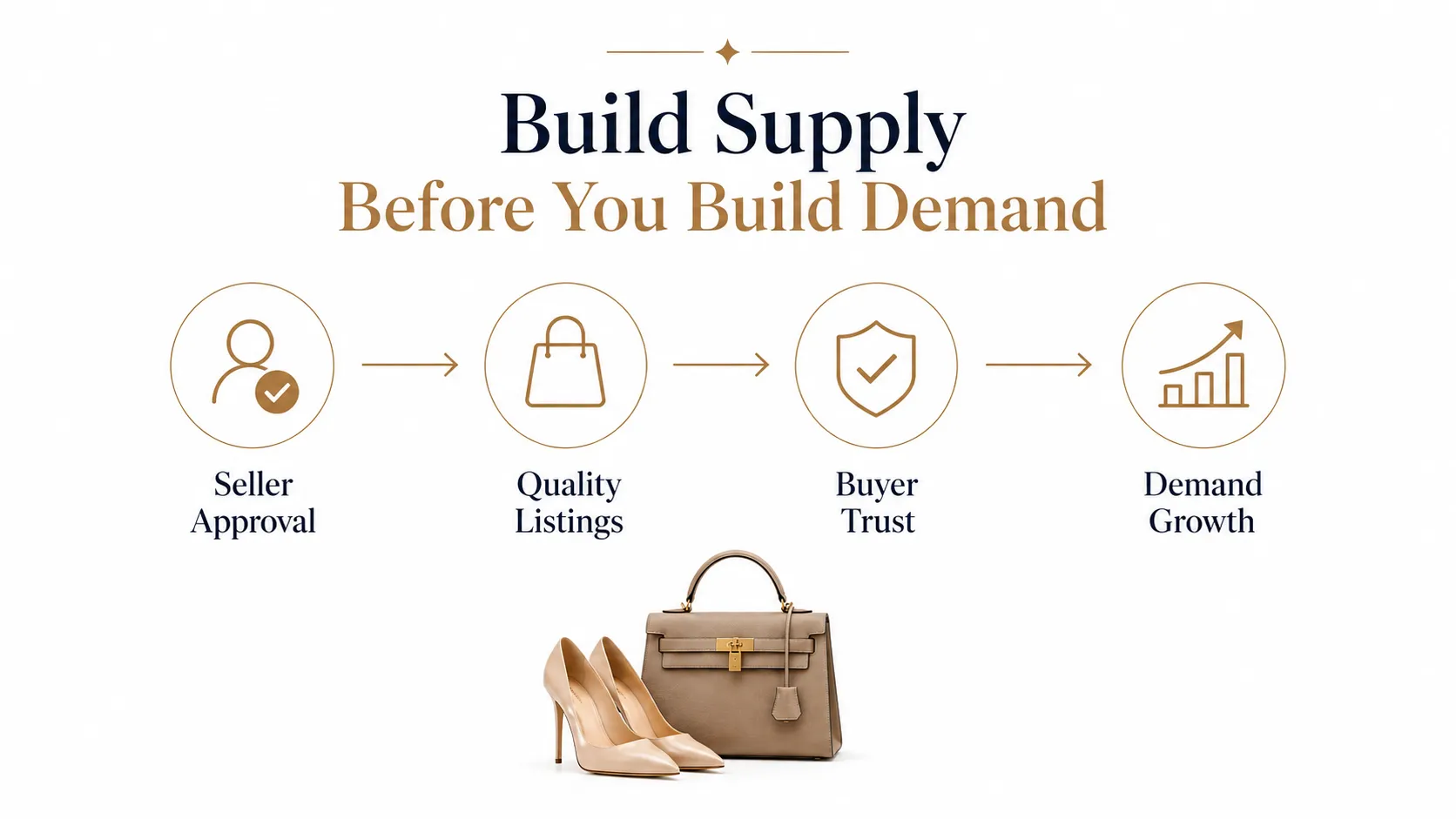 Luxury fashion marketplace growth strategy showing seller approval, quality listings, buyer trust, and demand growth