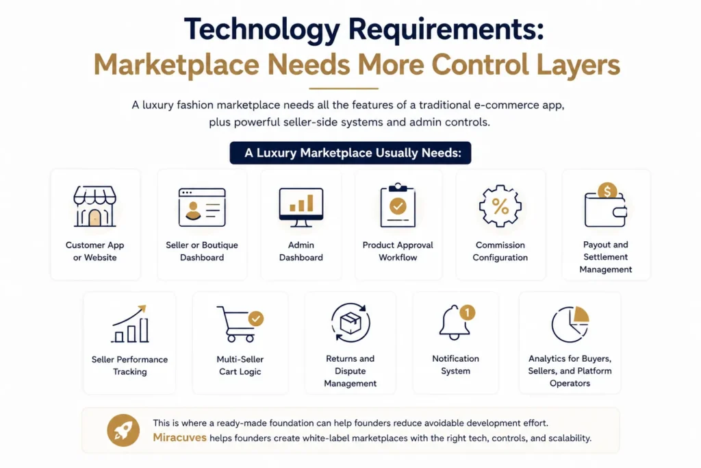 Luxury Fashion Marketplace vs Traditional Fashion E-Commerce: Which Model Is Better for Founders? 2 Luxury fashion marketplace technology requirements showing customer app, seller dashboard, admin controls, approvals, commissions, payouts, disputes, and analytics