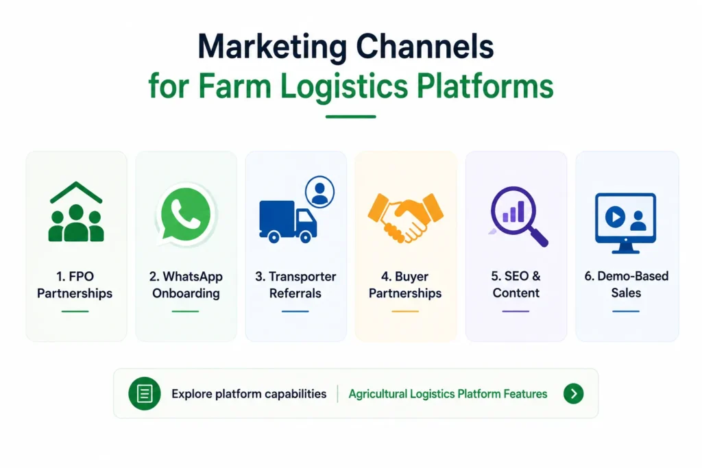 Marketing channels for farm logistics platforms including FPO partnerships, WhatsApp onboarding, transporter referrals, buyer partnerships, SEO, and demo-based sales.