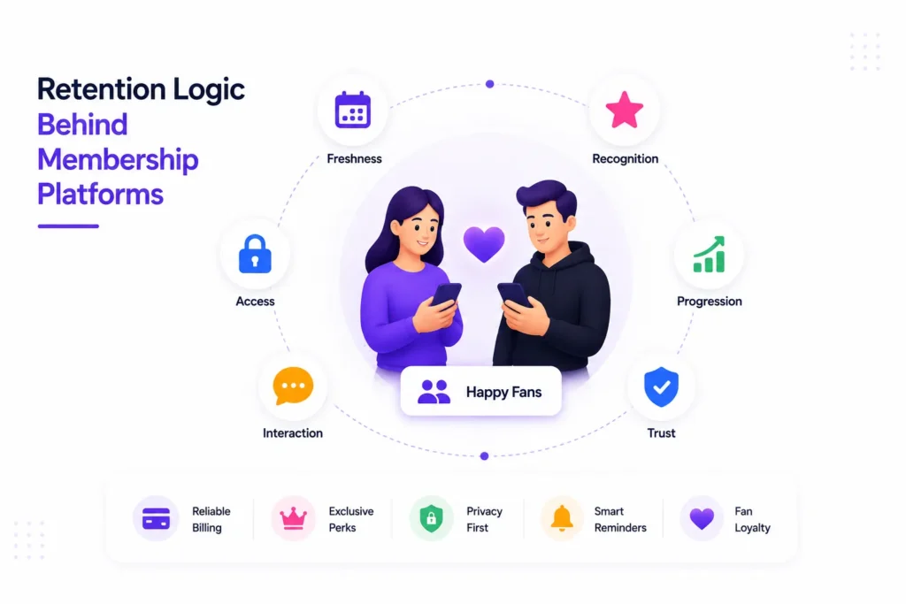 How Do Creators Use Memberships and Subscriptions to Build Recurring Fan Engagement? 2 Membership platform retention logic based on freshness, recognition, progression, interaction, trust, and member access