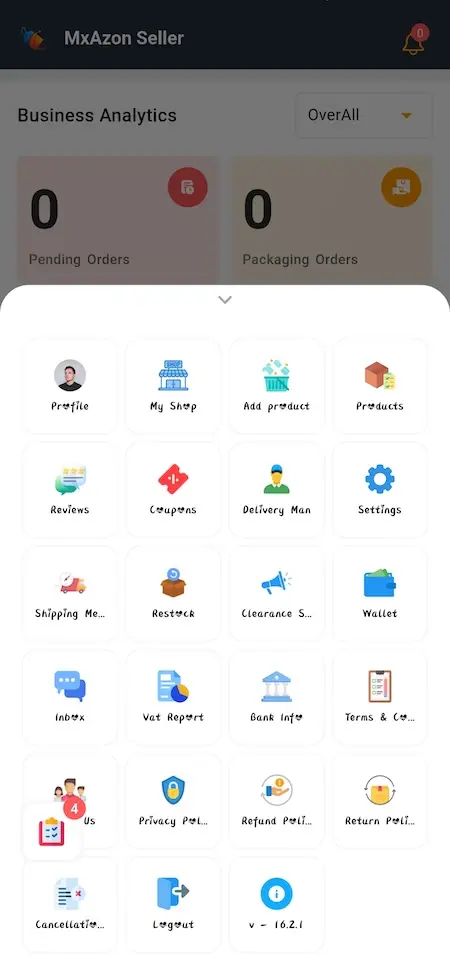 Amazon Clone Seller Mobile Management Menu