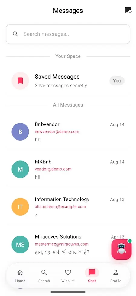 9flats Clone 19 messages screen