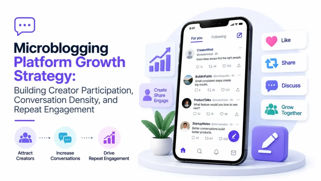 Microblogging platform growth strategy focused on creator participation, conversation density, sharing, and repeat user engagement