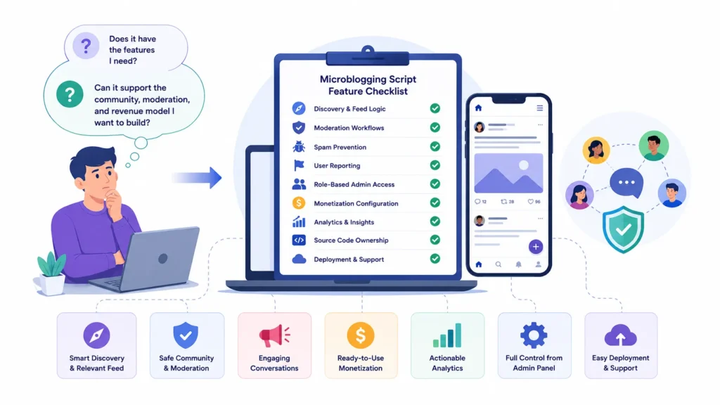Microblogging App Feature Checklist: What Founders Should Compare Before Buying a Ready-Made Script 1 Microblogging script feature checklist covering discovery, moderation, spam prevention, user reporting, monetization, analytics, admin controls, and source code ownership