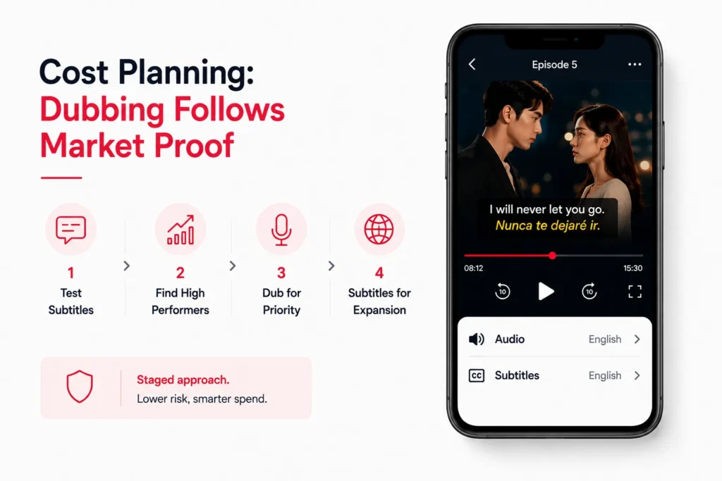 Microdrama dubbing cost planning strategy based on market proof, subtitle testing, audience performance, and priority market expansion.