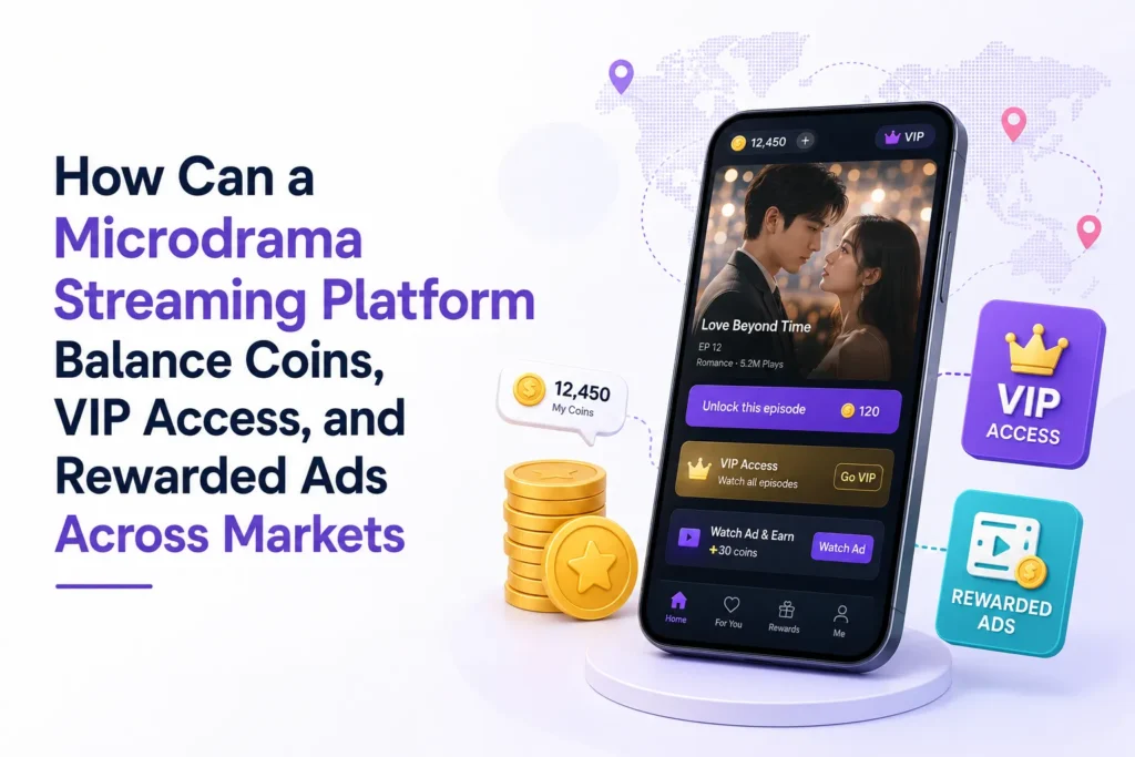 Microdrama streaming platform monetization using coins, VIP access, and rewarded ads across different markets.