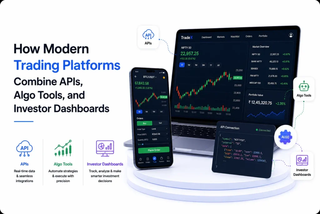 Modern trading platform combining APIs, algo trading tools, real-time market data, and investor dashboards
