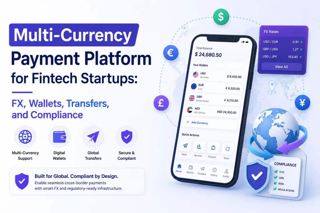 Multi-currency payment platform for fintech startups with FX rates, digital wallets, global transfers, KYC, AML, risk, and compliance