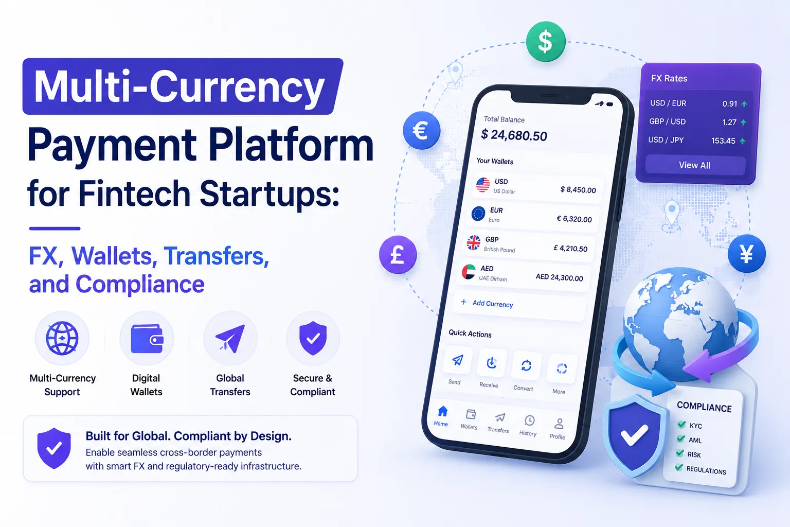 Multi-currency payment platform for fintech startups with FX rates, digital wallets, global transfers, KYC, AML, risk, and compliance
