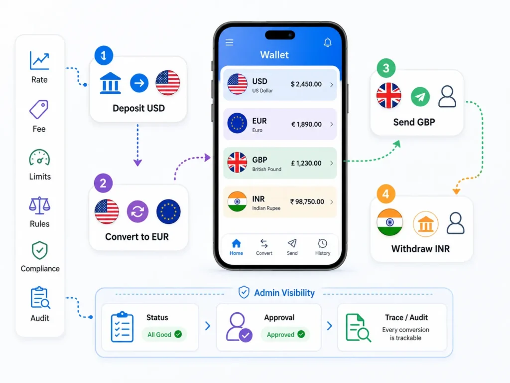 Multi-currency wallet showing USD deposit, EUR conversion, GBP transfer, INR withdrawal, exchange rates, fees, limits, compliance, and audit tracking