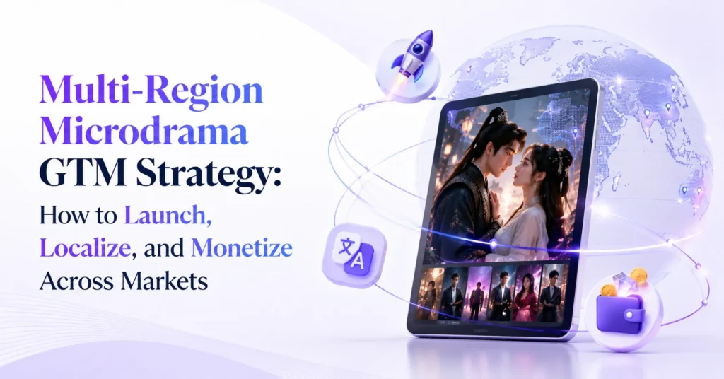 Multi-region microdrama GTM strategy showing global launch, localization, language adaptation, monetization, and market expansion