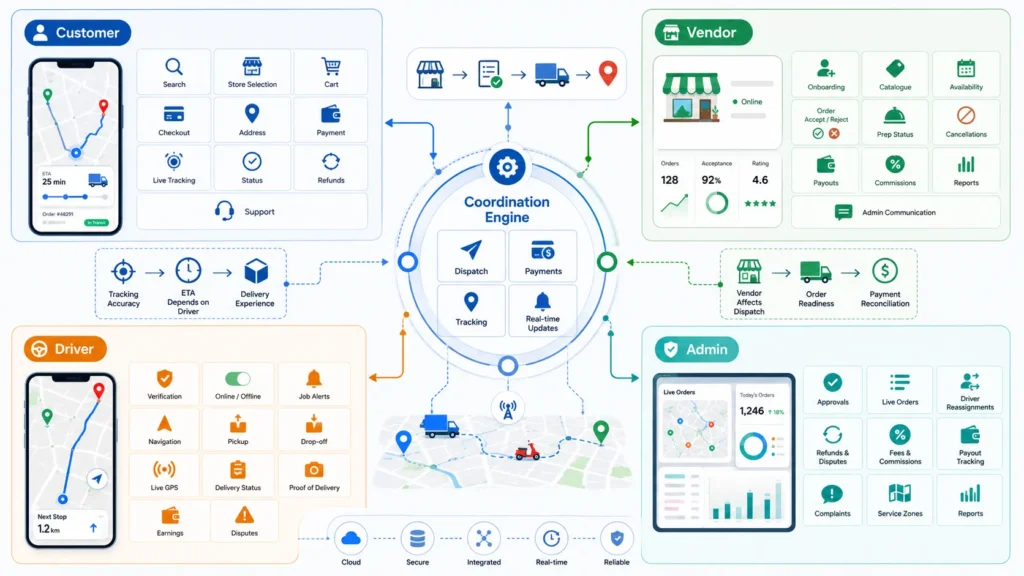 Can AI Build a Multi-Vendor Marketplace? The Real-Time Logistics Blueprint 1 Multi-vendor logistics workflow infographic showing customer app, vendor panel, driver app, admin dashboard, coordination engine, dispatch, payments, tracking, real-time updates, vendor readiness, driver assignment, refunds, commissions, disputes, payout tracking and delivery operations.