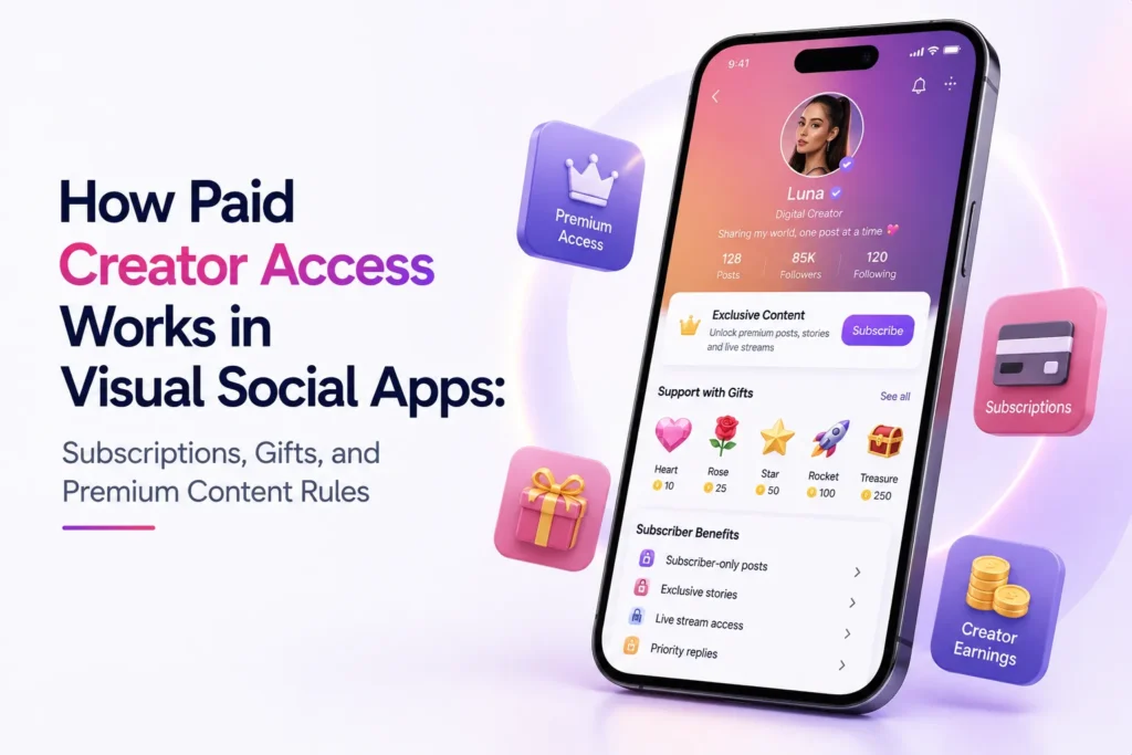 Paid creator access in visual social apps showing subscriptions, virtual gifts, premium content, and creator earnings