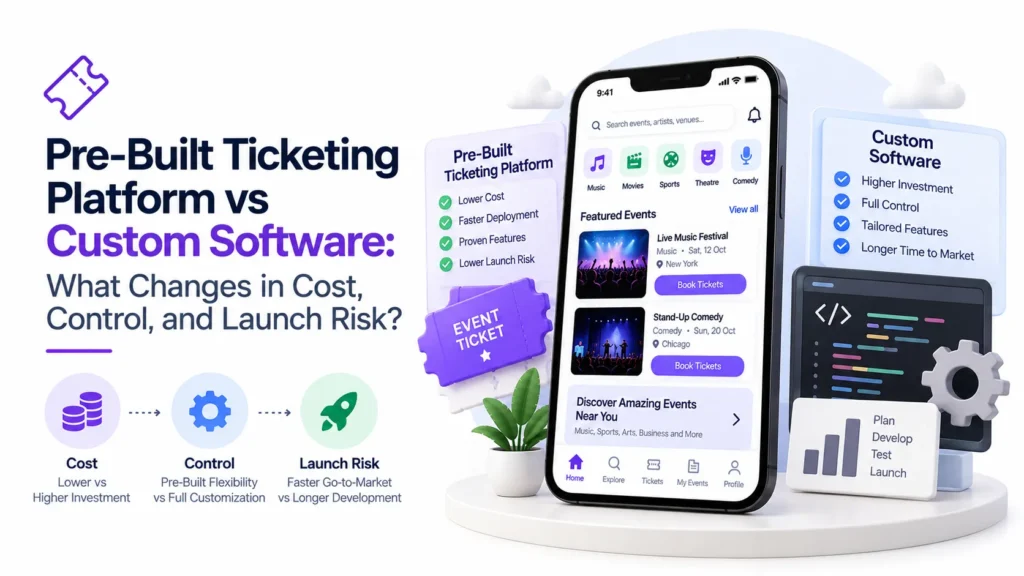 Pre-built ticketing platform vs custom software comparison covering cost, control, deployment speed, customization, and launch risk