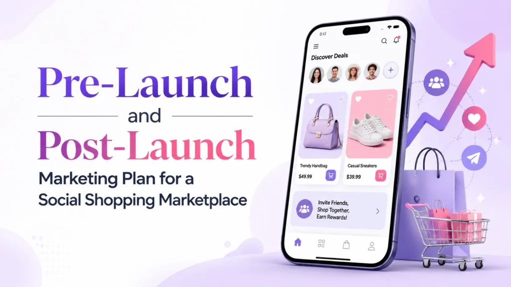 Pre-launch and post-launch marketing plan for a social shopping marketplace focused on referrals, engagement, customer acquisition, and growth