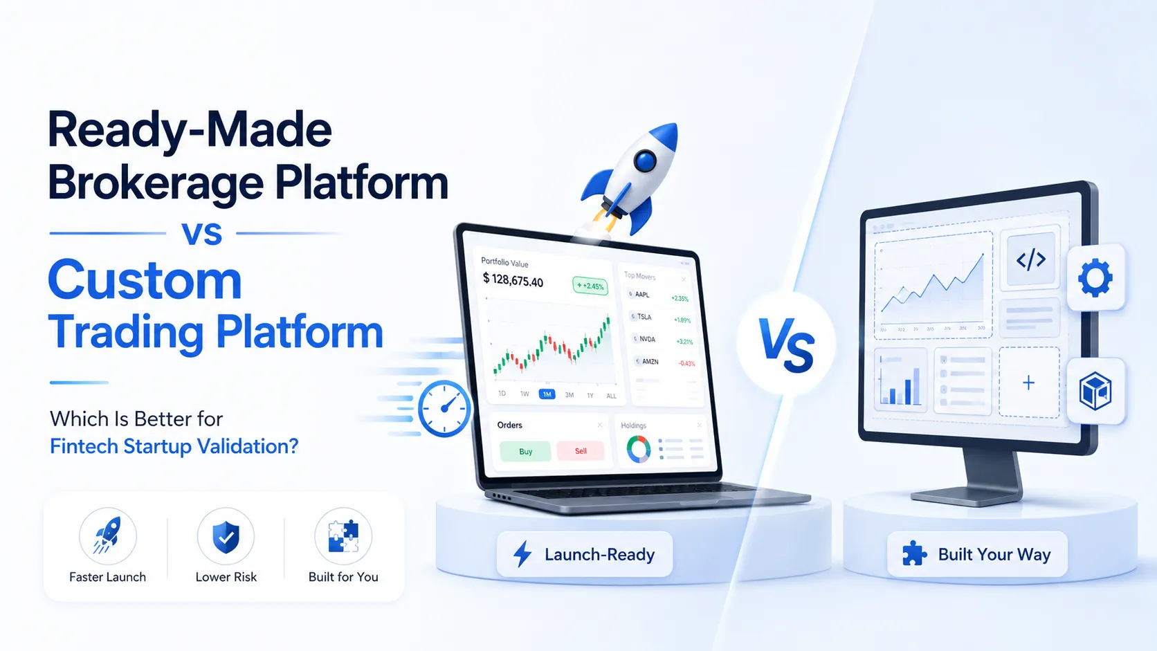 Ready-made brokerage platform vs custom trading platform comparison for fintech startup validation.
