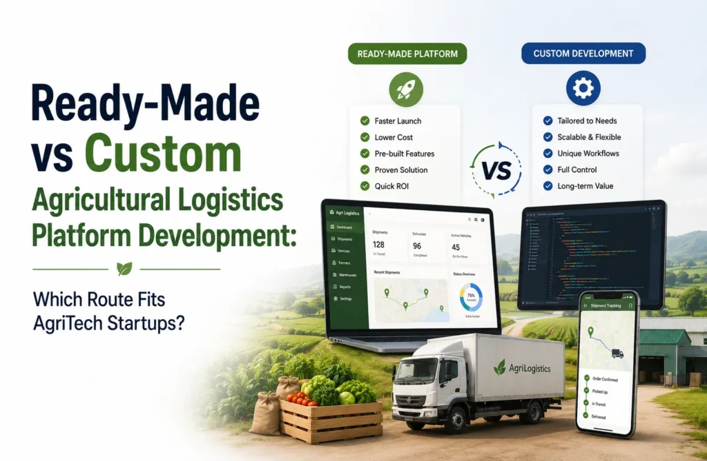 Ready-made vs custom agricultural logistics platform development for startups comparing faster launch, flexibility, scalability, and control.