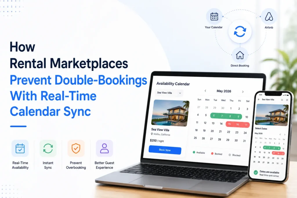 Rental marketplaces prevent double bookings with real-time calendar sync across direct bookings, external platforms, and availability calendars.