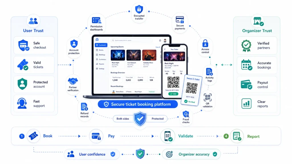 Why Startups Choose a BookMyShow Clone Over Building a Ticket Booking Platform From Scratch 2 Secure ticket booking platform with user trust, organizer verification, payments, ticket validation, and reporting