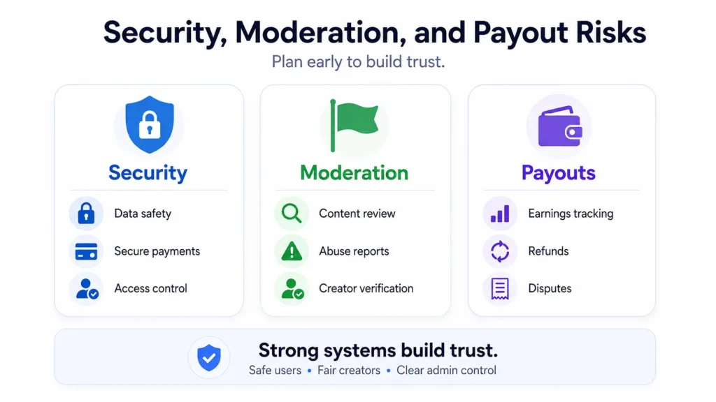 How Paid Creator Access Works in Visual Social Apps: Subscriptions, Gifts, and Premium Content Rules 2 Security, moderation, and payout risks in creator platforms showing data safety, content review, creator verification, refunds, and disputes
