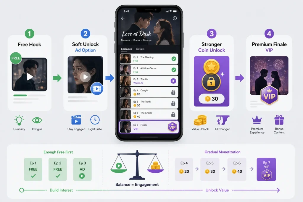 How Should a Short-Drama Platform Balance Coin Unlocks, VIP Access, and Rewarded Ads? 1 Short-drama monetization strategy using free episodes, rewarded ads, coin unlocks, and VIP access.