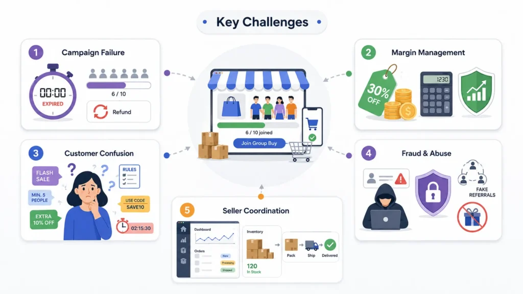 Social group-buying challenges including campaign failure, margin management, customer confusion, referral fraud, and seller coordination