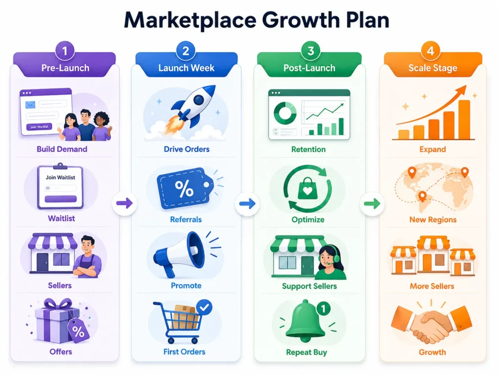 Pre-Launch and Post-Launch Marketing Plan for Social Shopping Marketplace 2 Social shopping marketplace growth plan covering pre-launch demand, launch-week orders, post-launch retention, and regional expansion