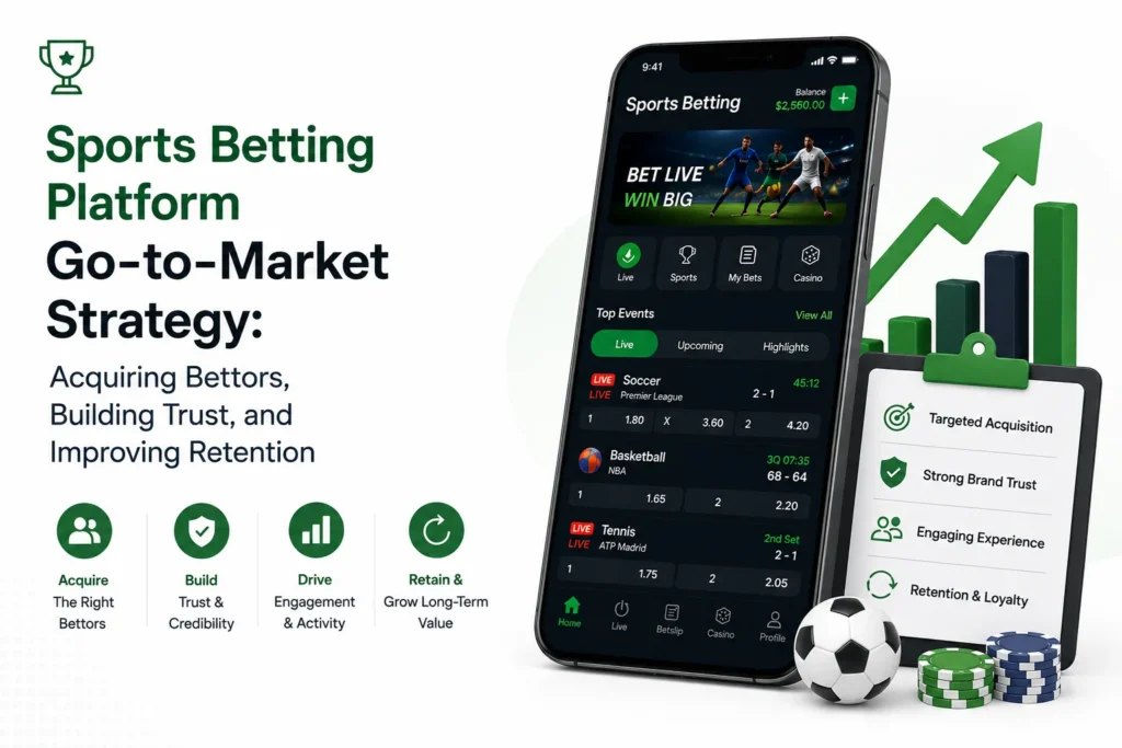 Sports betting platform go-to-market strategy showing bettor acquisition, trust building, engagement, retention, and sportsbook growth.