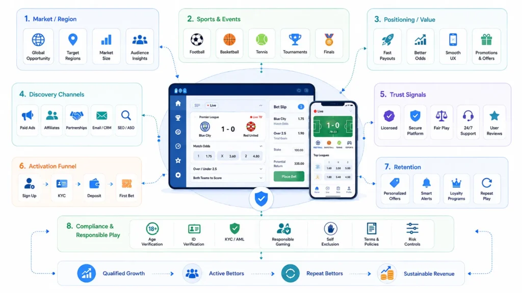Sports Betting Platform Go-to-Market Strategy: Acquiring Bettors, Building Trust, and Improving Retention 1 Sportsbook platform infrastructure showing signup, KYC, wallet, CRM, affiliate tracking, live odds, bet slip, promotions, risk controls, responsible gaming, settlement, and reporting.