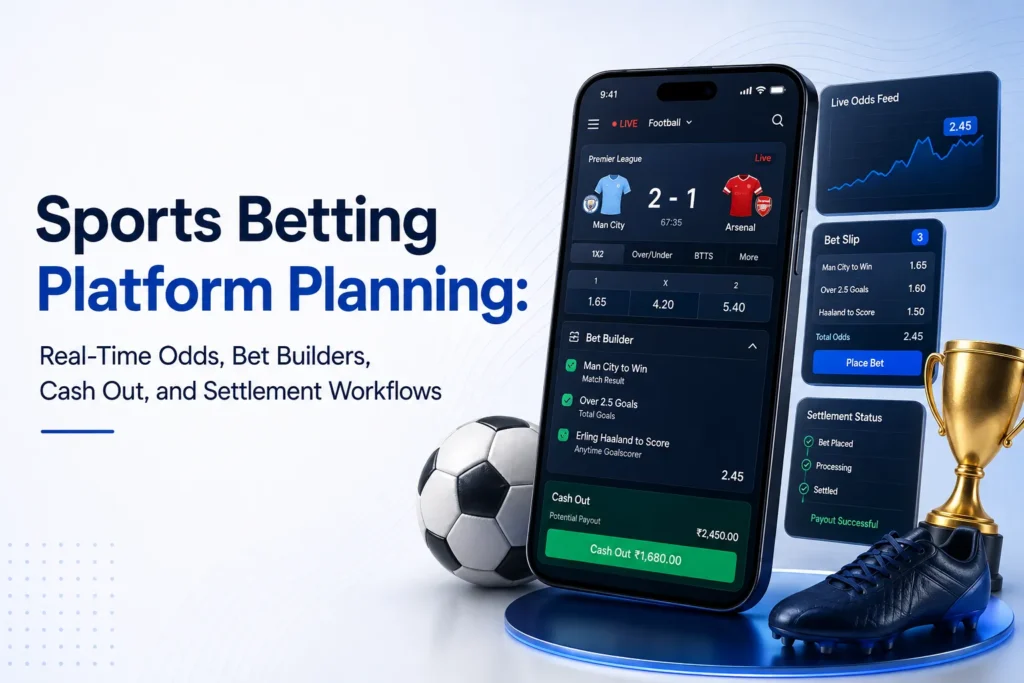 Sports betting platform planning with real-time odds, bet builders, cash out, and settlement workflows.