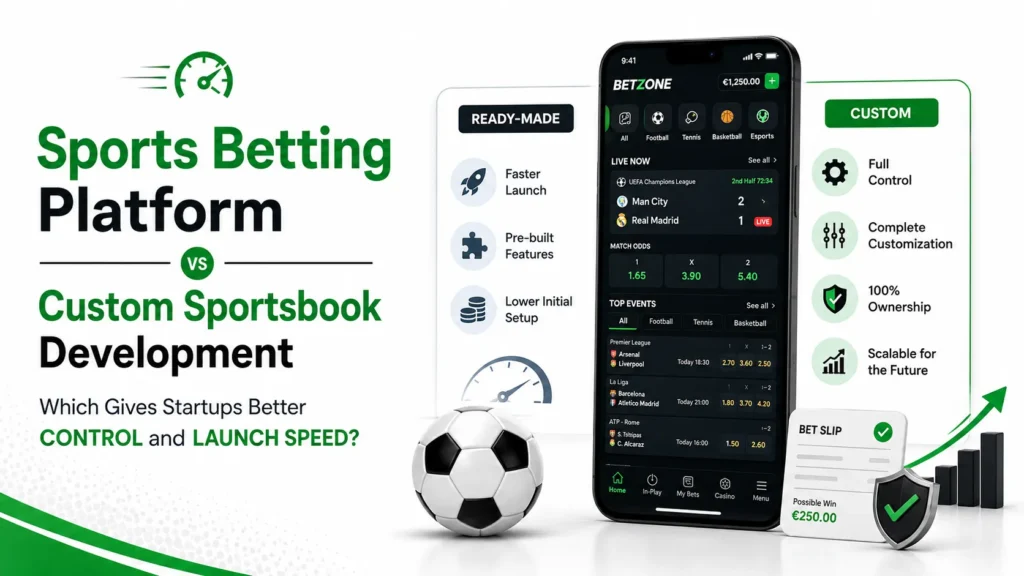 Sports betting platform vs custom sportsbook development comparison showing launch speed, pre-built features, customization, ownership, control, and scalability.