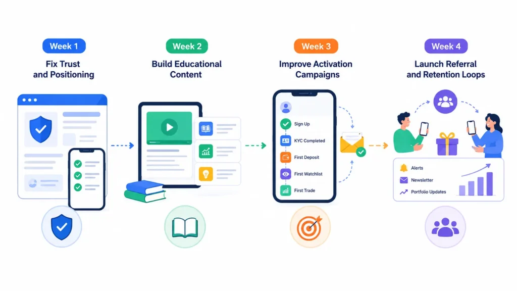 Zerodha Clone Marketing Strategy: Trust & User Growth 2 Four-week stock trading app user acquisition plan covering trust positioning, educational content, activation campaigns, referrals, and retention
