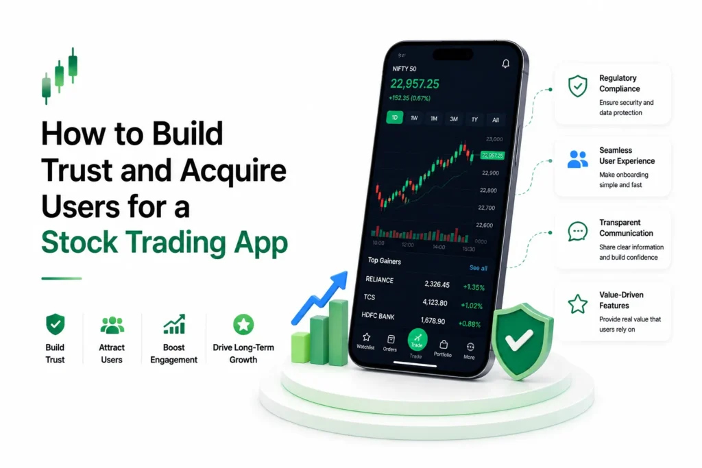 Stock trading app user acquisition strategy with trust, onboarding, KYC, retention, and referral growth metrics