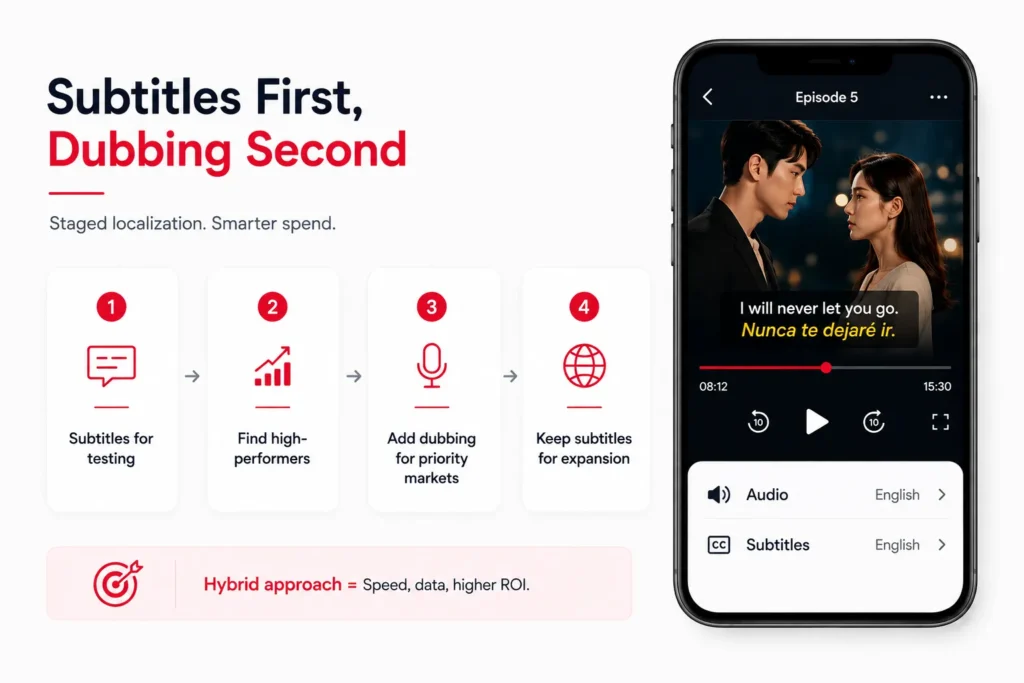 Microdrama localization strategy using subtitles first, dubbing second, and expanding successful content across priority markets.