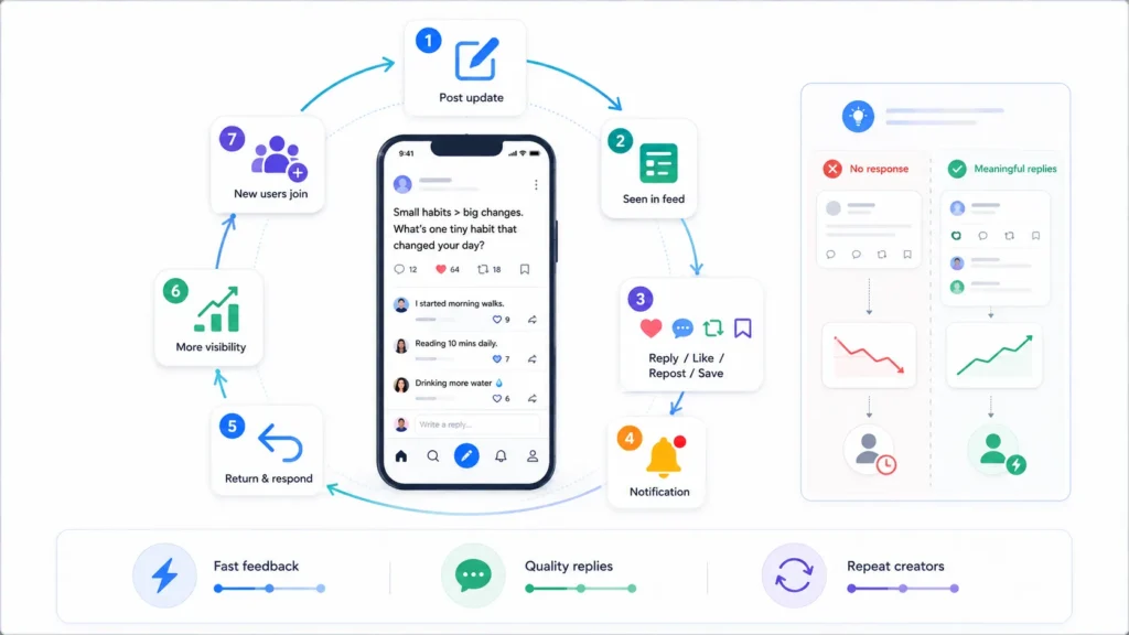 Text-first social app engagement loop showing posts, feeds, replies, likes, notifications, repeat interactions, visibility, and community growth