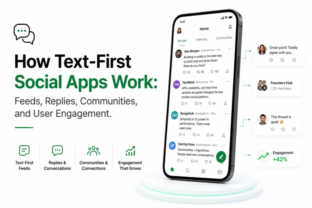 Text-first social app showing feeds, replies, communities, conversations, and user engagement features