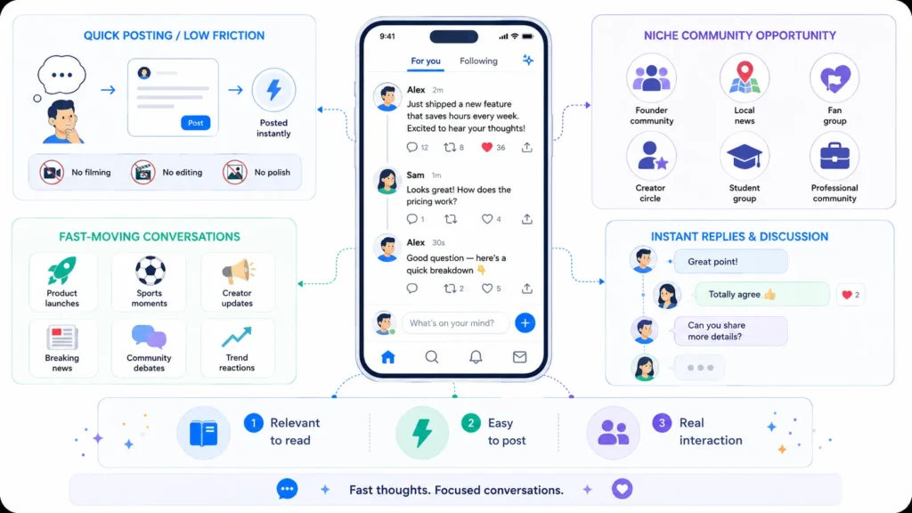 Text-first social app showing quick posting, fast-moving conversations, niche communities, instant replies, and user engagement
