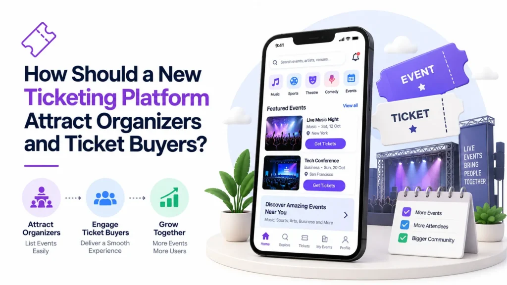 Ticketing platform growth strategy showing organizer acquisition, ticket buyer engagement, event discovery, booking, and community growth