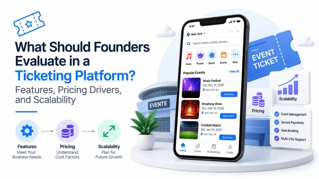 Ticketing platform evaluation showing features, pricing drivers, scalability, event management, secure payments, seat booking, and multi-city support
