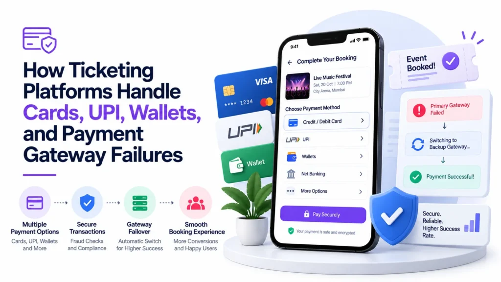 Ticketing platform handling cards, UPI, wallets, secure transactions, payment gateway failures, backup gateways, and booking confirmation